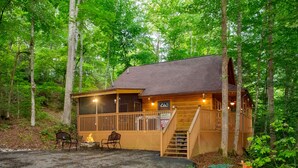 A wooden cabin with a porch, a fire pit, and a staircase leading to the entrance.