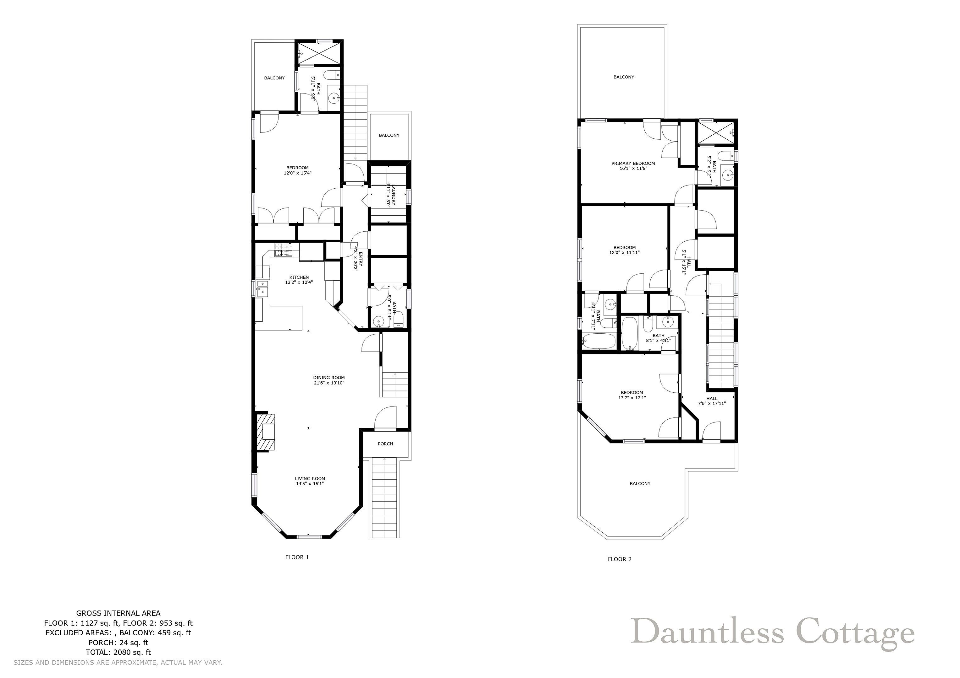 Floor plans for Dauntless Cottage, including two floors with bedrooms, a kitchen, dining room, living room, and balconies.