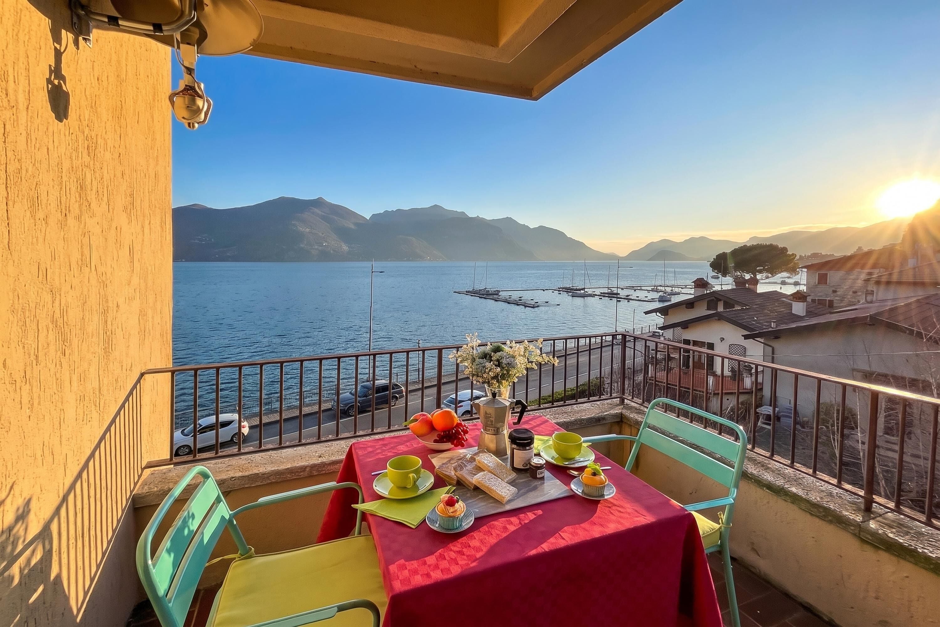 A balcony with a table set for breakfast, overlooking a lake with boats and mountains in the background.