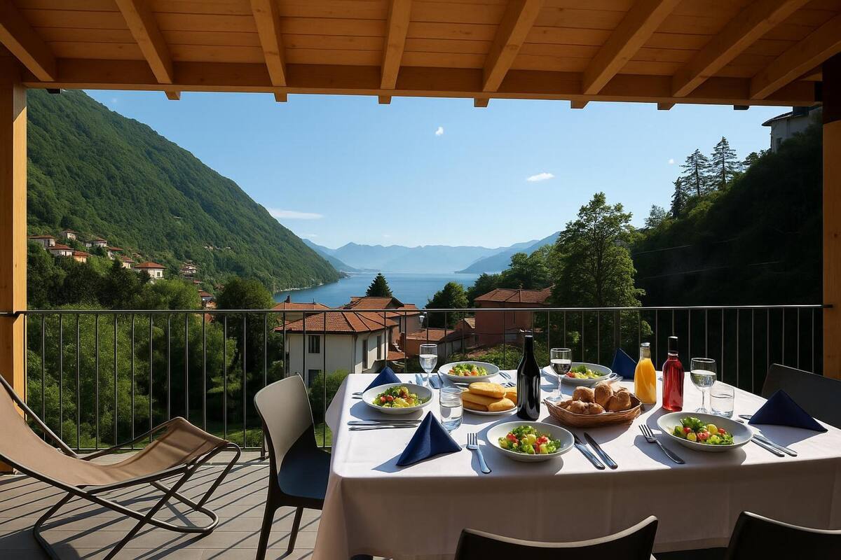 A dining table set with food and drinks on a balcony overlooking a lake and mountains.