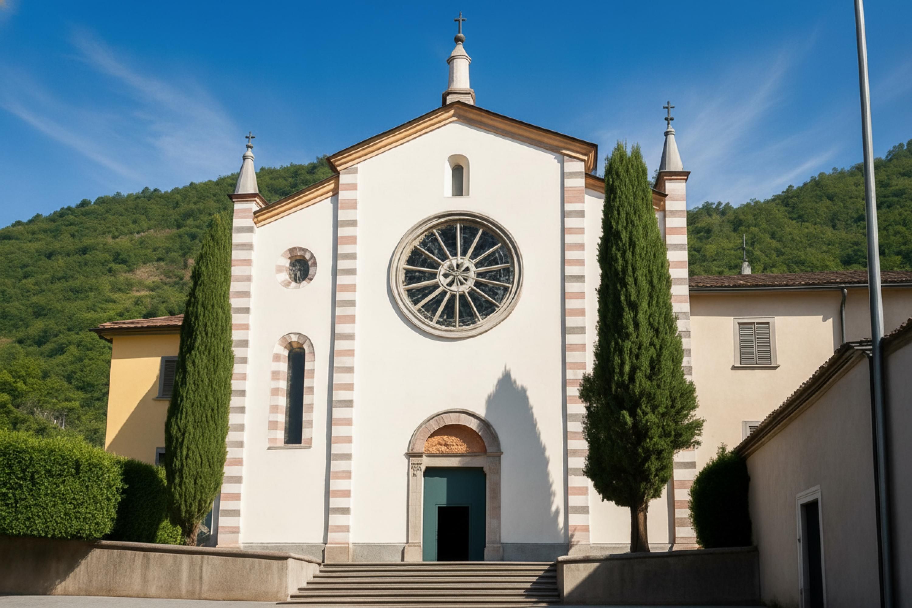 Una iglesia con un llamativo ventanal circular, un campanario y una escalera que conduce a la entrada.