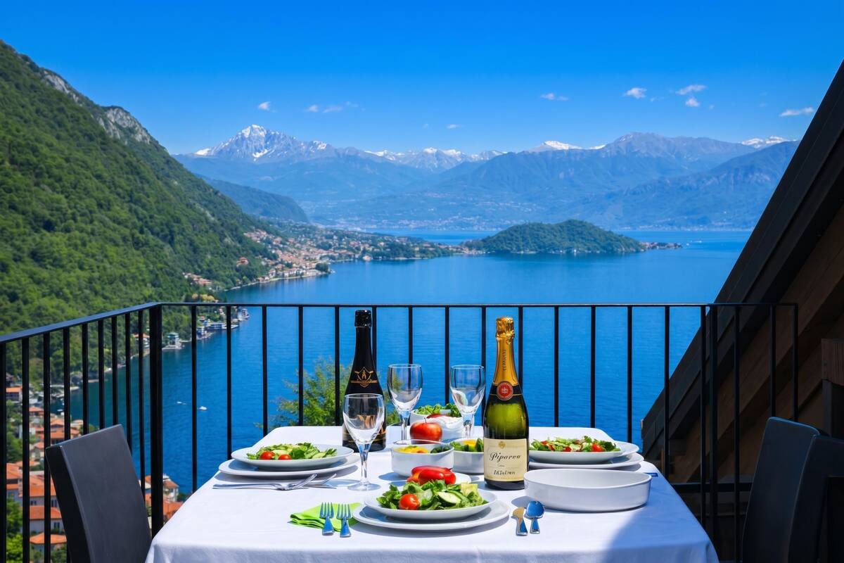 A table set with plates, glasses, and a bottle of champagne, overlooking a lake with mountains in the background.