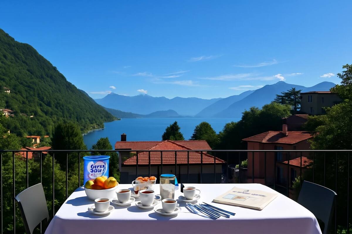 A table with breakfast items and a view of mountains and a lake.