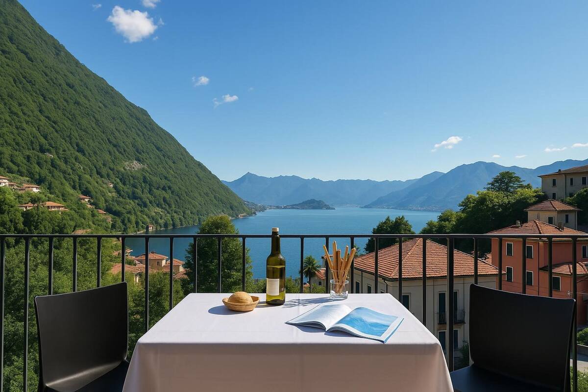 A table with a bottle, a bowl, and a book on a balcony overlooking a lake and mountains.