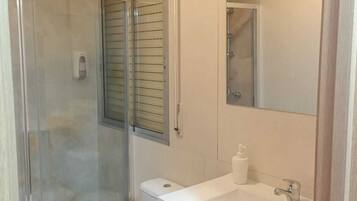 A modern bathroom with a glass shower enclosure, a toilet, a vanity with a mirror, and a sink.