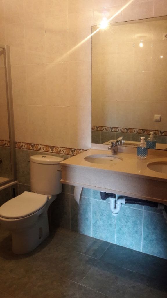 Un baño con inodoro, lavamanos y espejo.