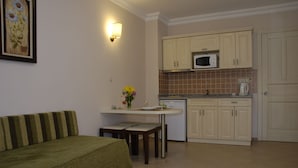 A compact living space with a sofa, a dining table with chairs, a kitchen area with cabinets and appliances, and a wall-mounted light fixture. - Verona Apart Hotel (Marmaris)
