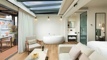 Acropolis Suite with Terrace | Living room | 49-inch Smart TV with satellite channels, TV