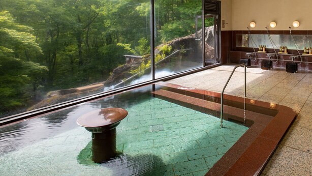 Un área de spa con un amplio ventanal que da a un bosque, un jacuzzi y un mostrador de recepción con servicios.