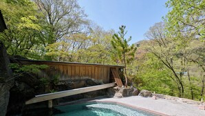 Piscina cristalina con un puente de madera, rodeada de árboles y un paisaje rocoso.
