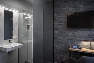 Habitación individual | Baño | Ducha, secador de pelo y toallas