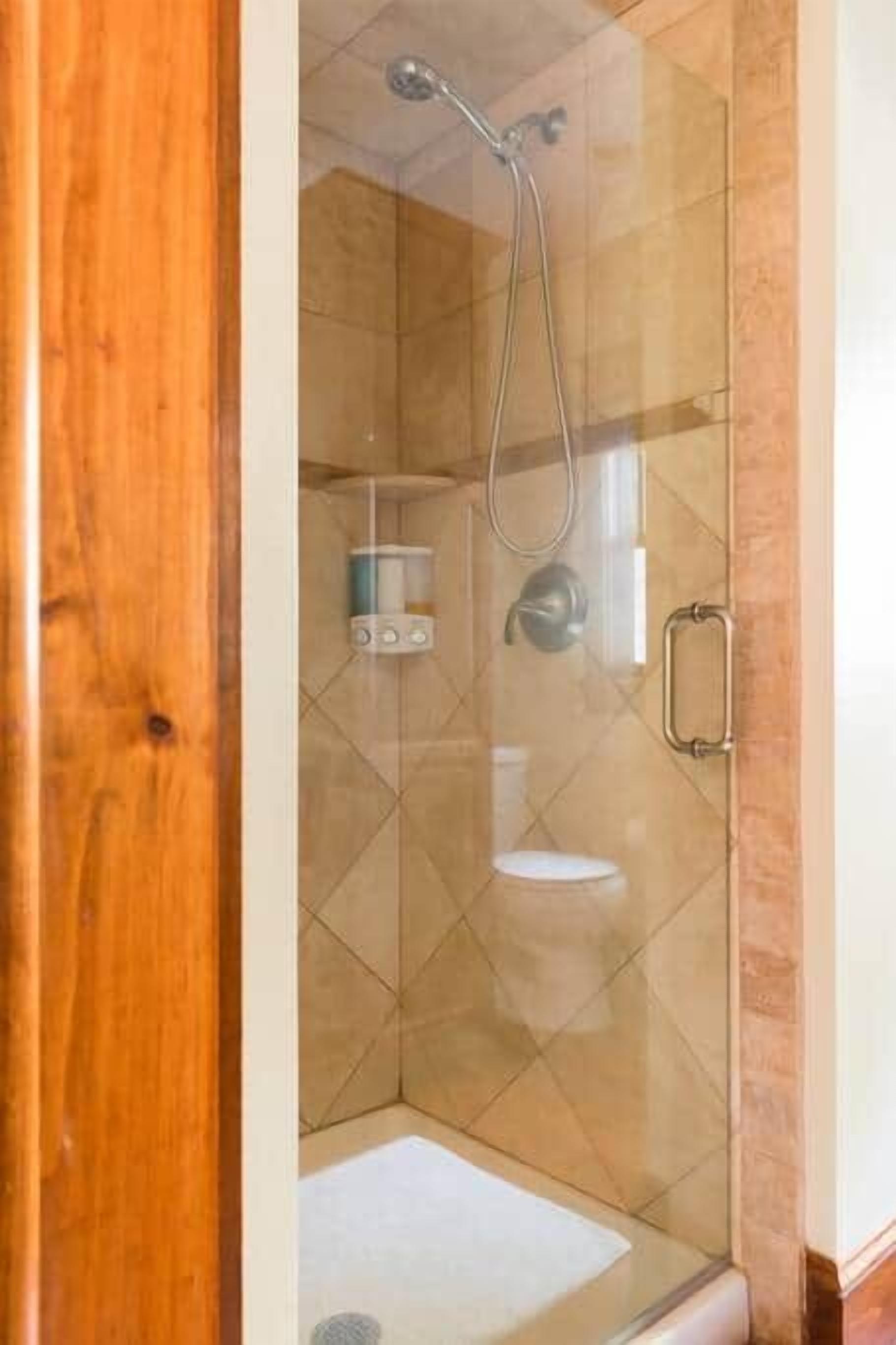 A glass-enclosed shower area with a toilet and a towel rack.