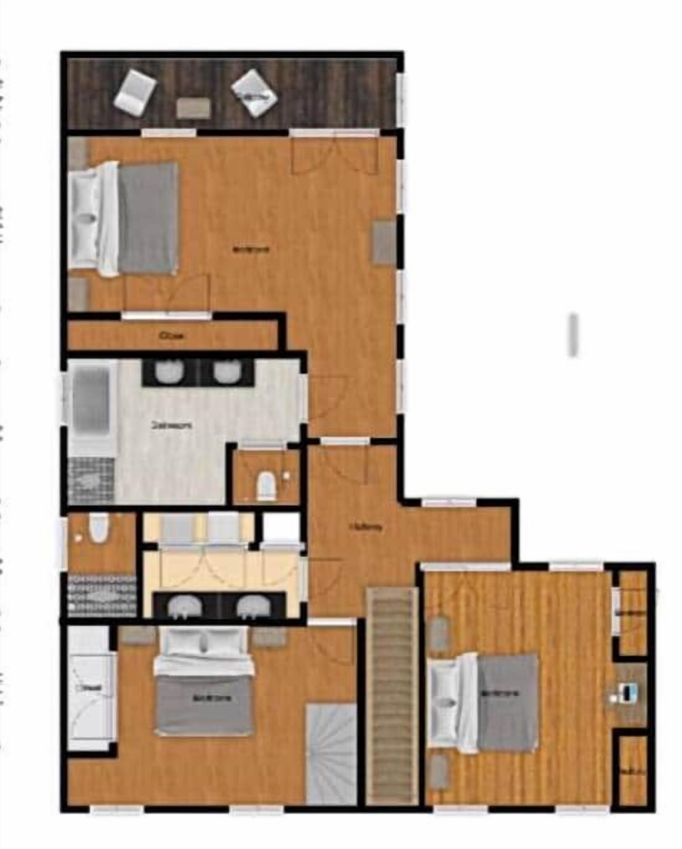Grundriss eines Hotels mit mehreren Schlafzimmern, einem Badezimmer, einer Küche und einem Wohnbereich.