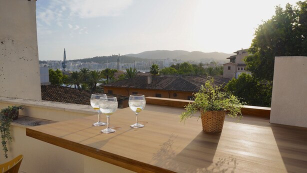 Un balcón con dos copas de vino blanco, una planta en maceta y una vista de un paisaje urbano con edificios y montañas a lo lejos.
