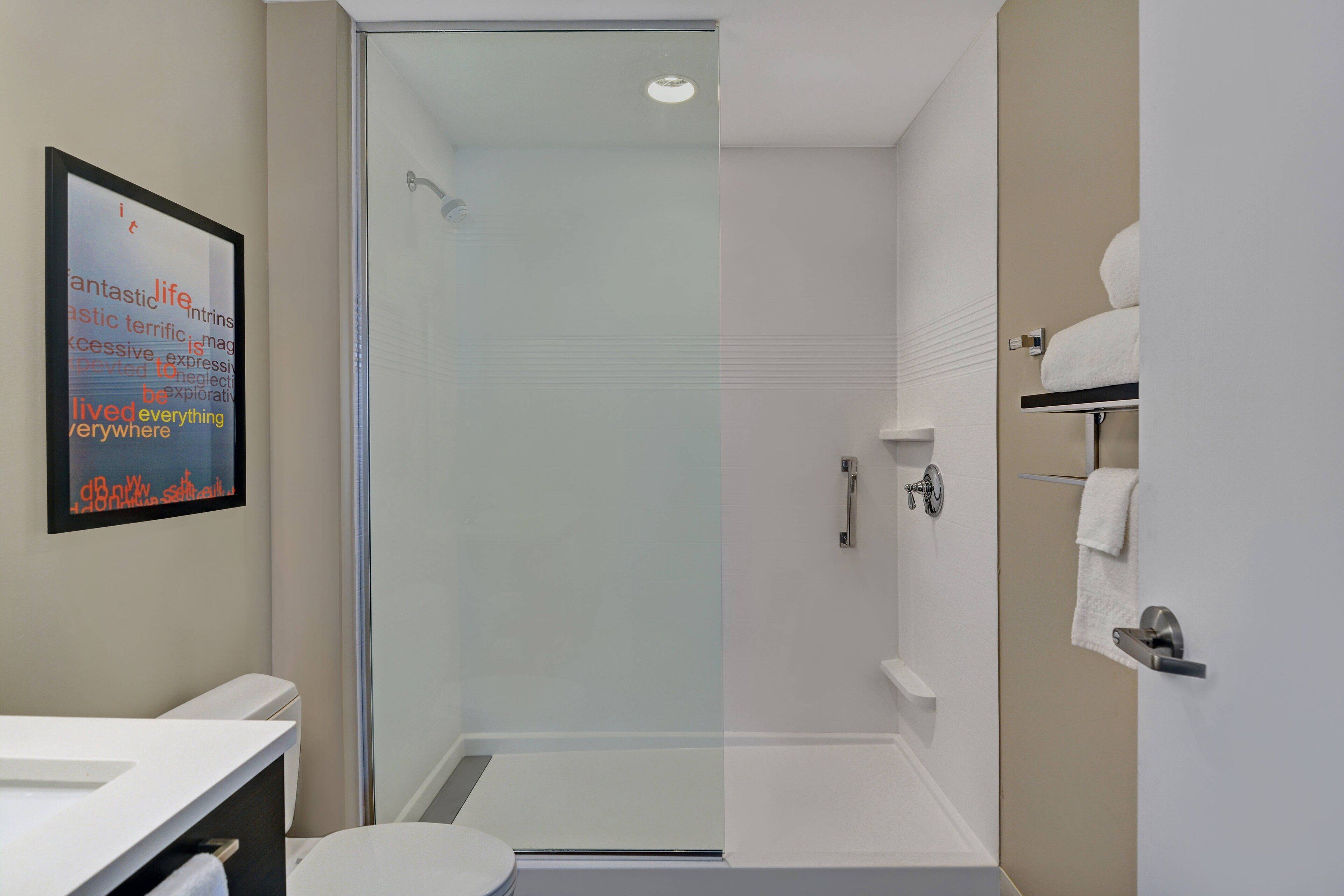 Eco-friendly toiletries, hair dryer, towels, soap