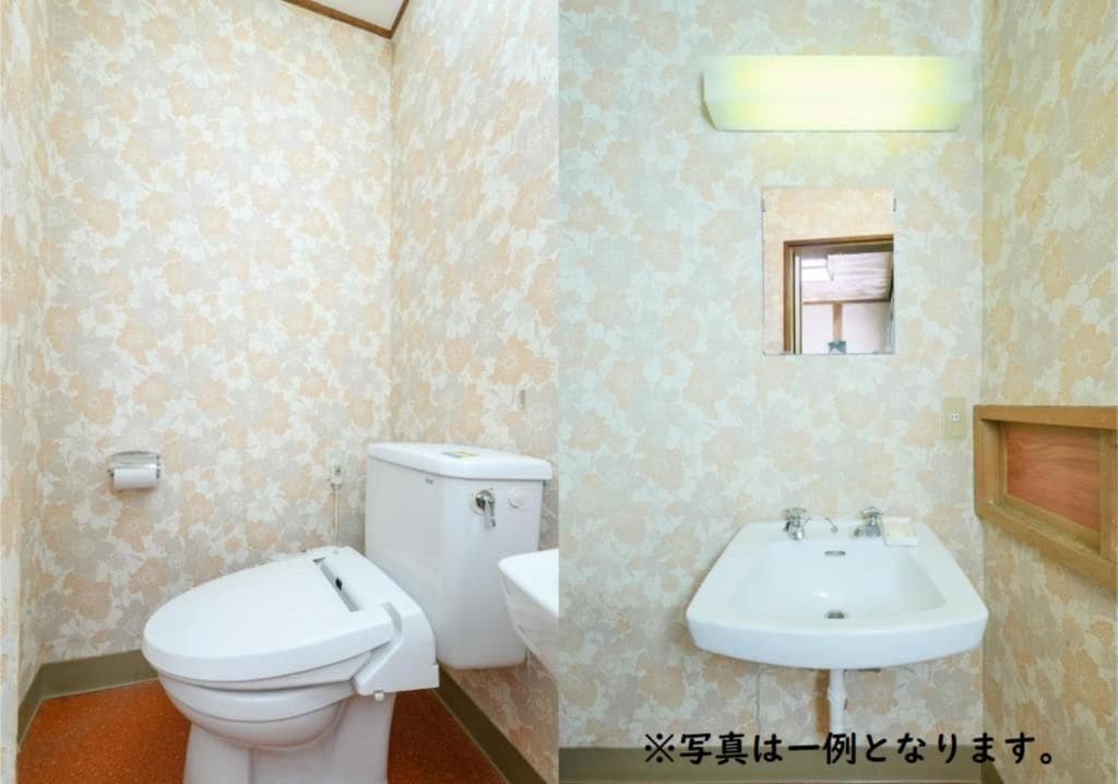 A bathroom with a toilet, sink, and a mirror.