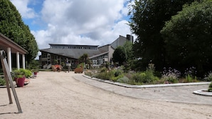 A sandy courtyard with a building in the background, surrounded by greenery and potted plants. - Atypical fisherman's house for 6 person and a baby (Dieppe)