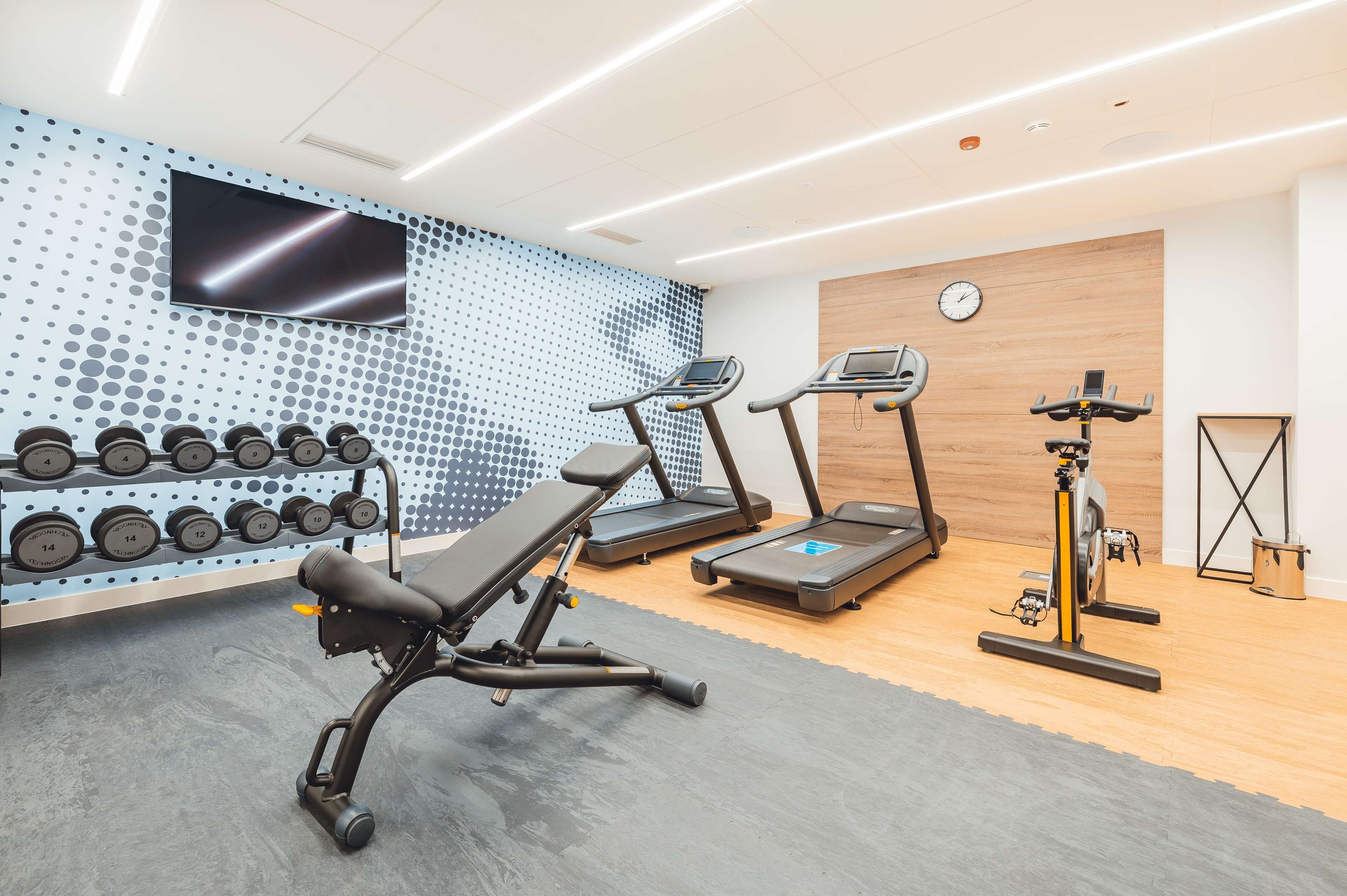 A gym with treadmills, a bench press, and a wall-mounted TV.