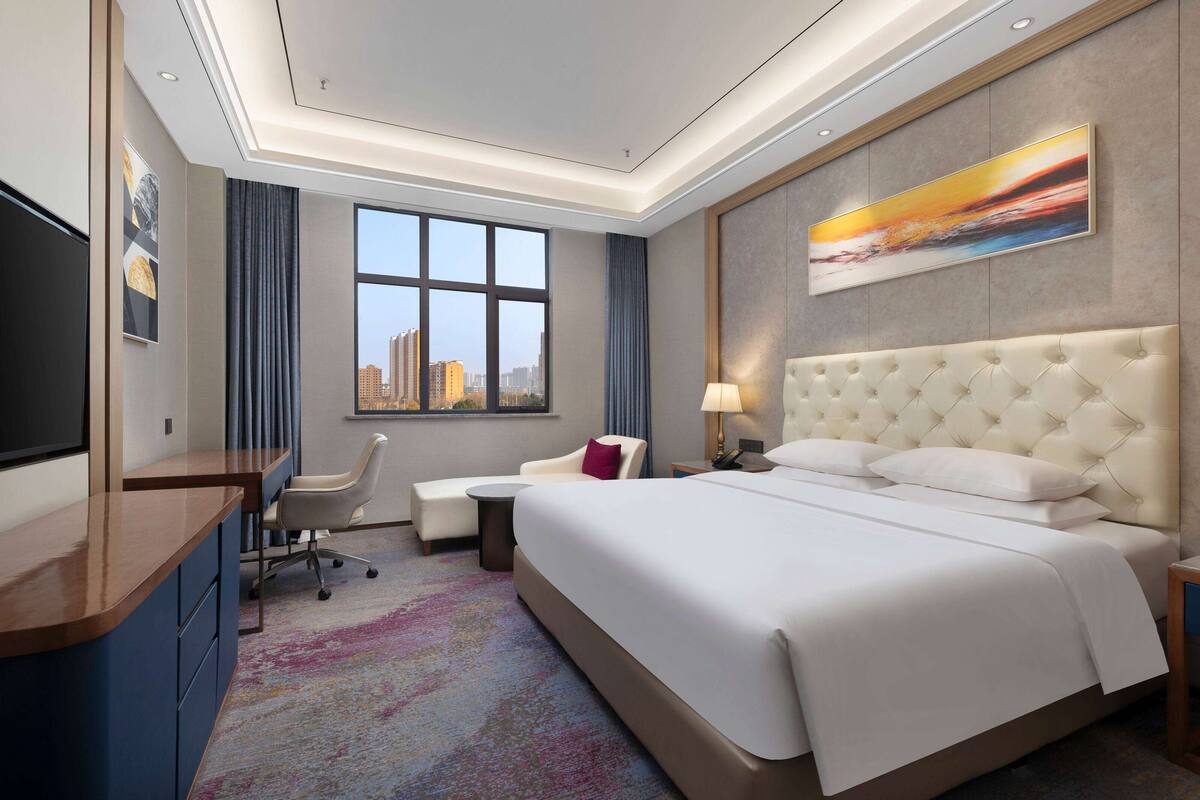 A hotel room with a large bed, a desk, a chair, a TV, and a city view.