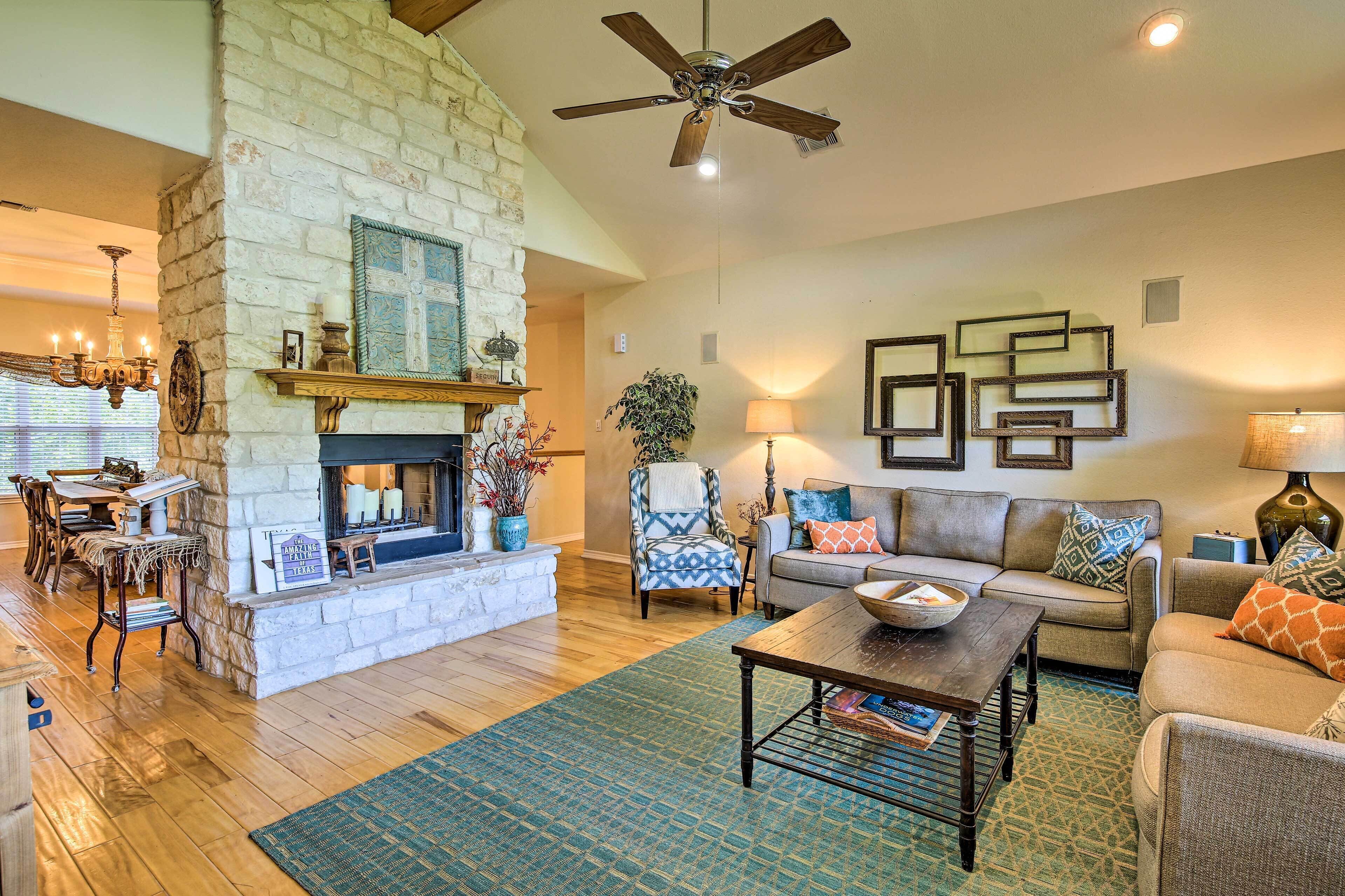 TV, fireplace, books