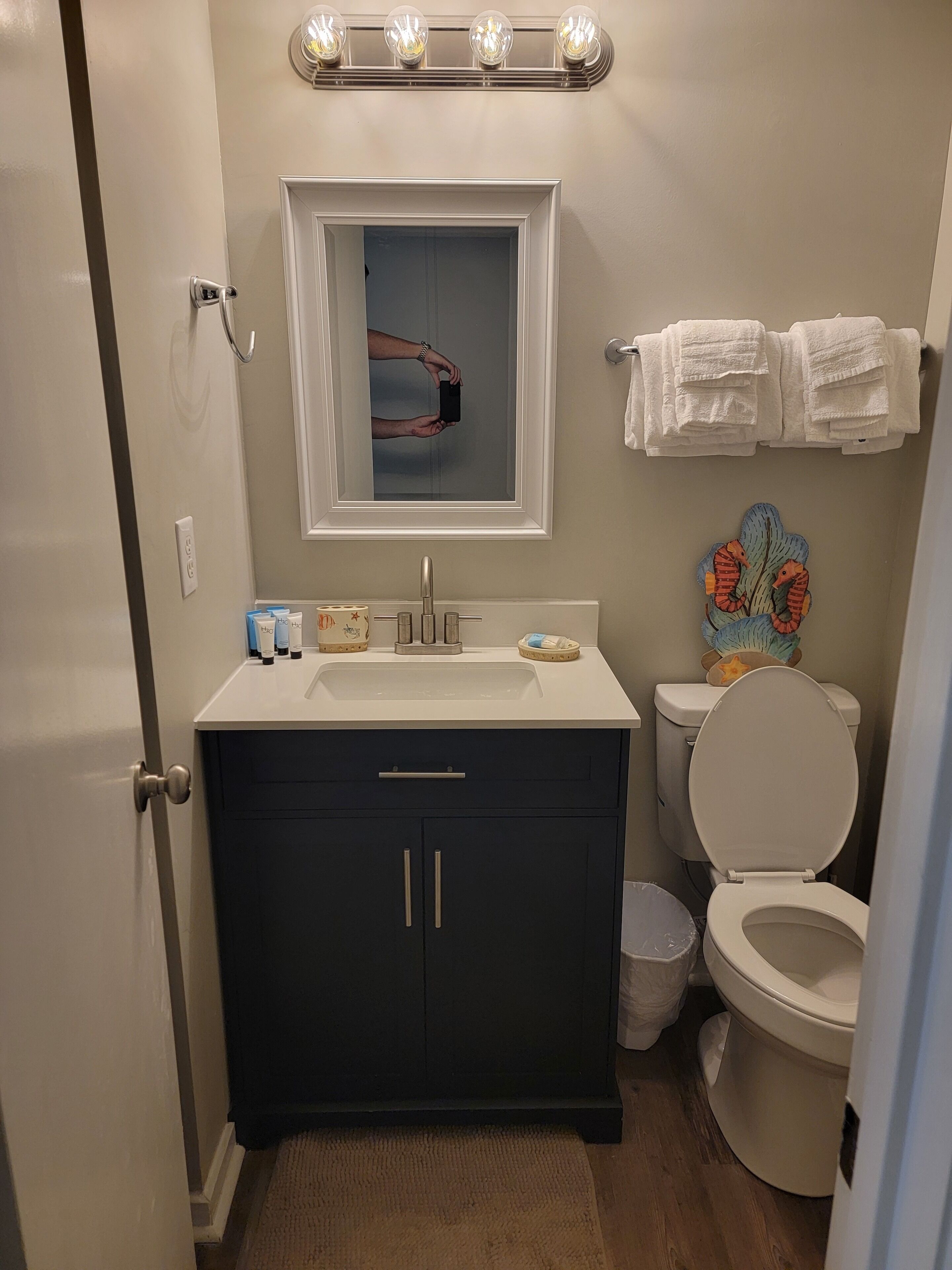Ein Badezimmer mit weißem Waschbecken, dunklen Schränken, einem Spiegel und einer Toilette.