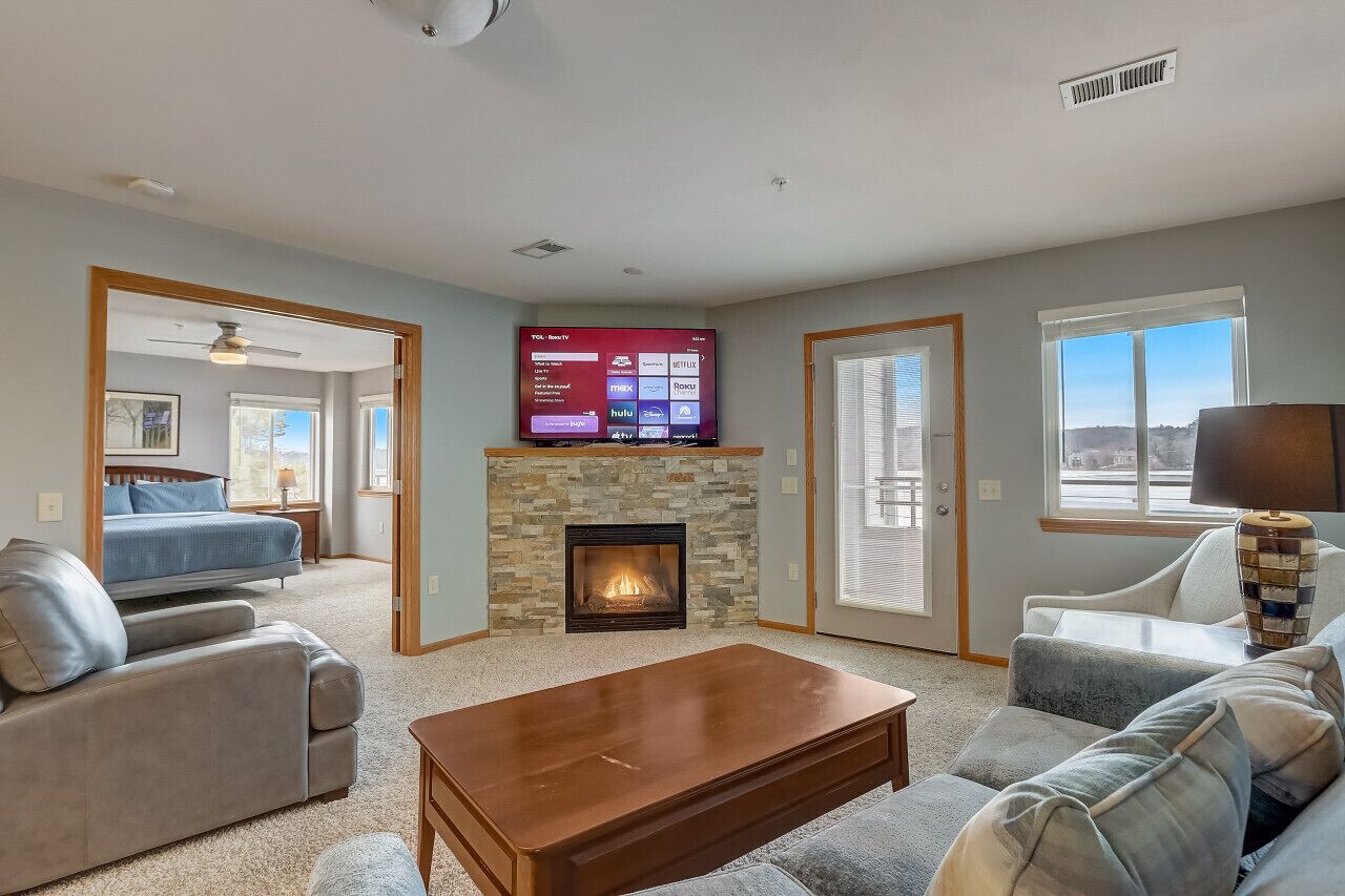 Smart TV, fireplace, books