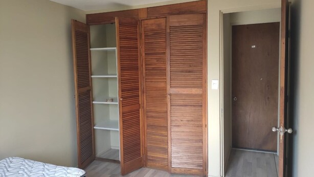 A bedroom with a wooden wardrobe, a bed, and a door.