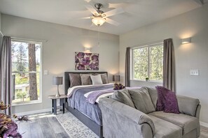 1 bedroom, desk, laptop workspace, iron/ironing board - Lakeview Retreat w/ Fireplace, Spa Tub & Balcony (Nine Mile Falls)