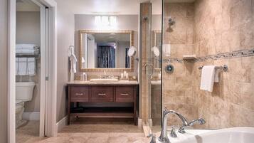 Hair dryer, towels, soap, shampoo
