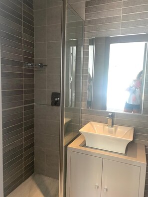 Combined shower/bathtub, hair dryer, towels, soap