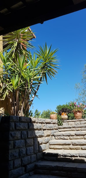 A stone staircase leading up to a terrace with potted plants and a clear blue sky.