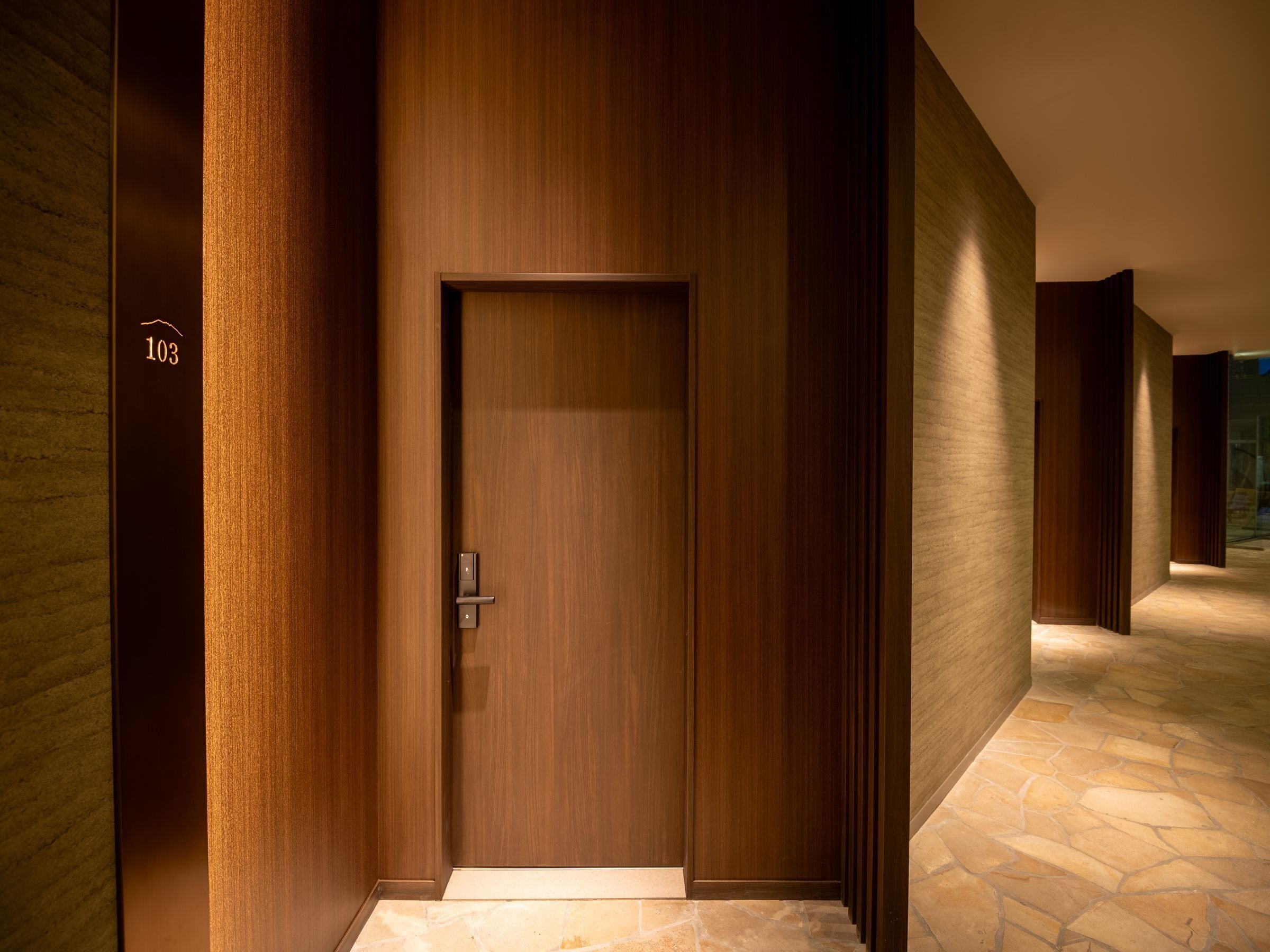 A hallway with a wooden door, numbered 103, leading to a room.