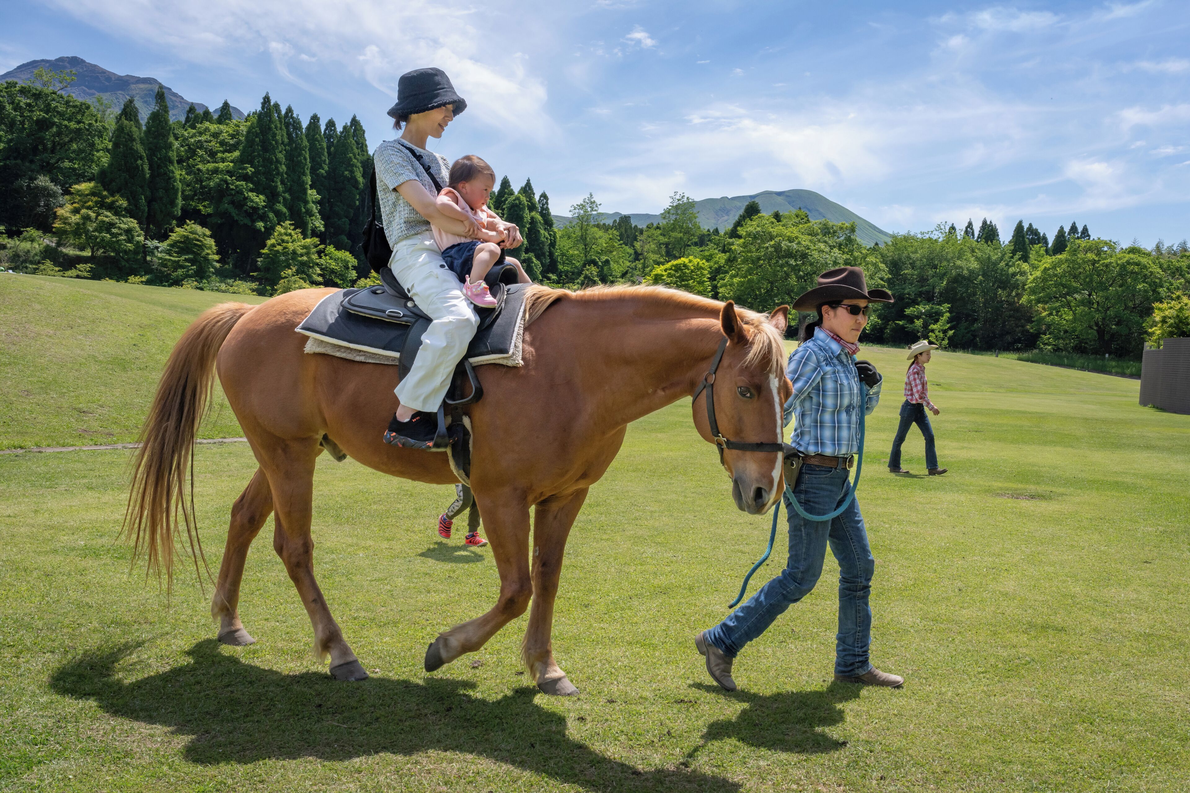 Un cheval avec un cavalier et un accompagnateur marchant dans un champ herbeux, avec des arbres et des montagnes en arrière-plan.
