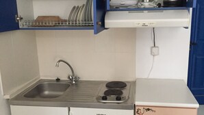 Una cucina compatta con lavandino, due piastre cottura e un piccolo frigorifero.
