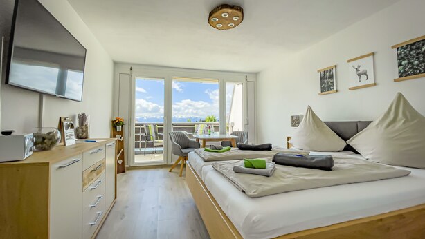 A hotel room with a bed, a desk, a chair, a television, and a balcony with a view of the mountains. - FeWo Längl - modern "Alpenguck" apartment with pool and sauna in the Allgäu (Scheidegg)