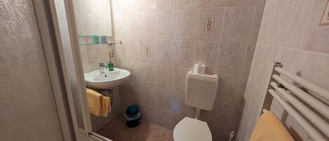 Un baño pequeño con lavamanos, inodoro y toallero.
