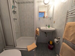Baño con ducha, inodoro, lavabo y espejo.