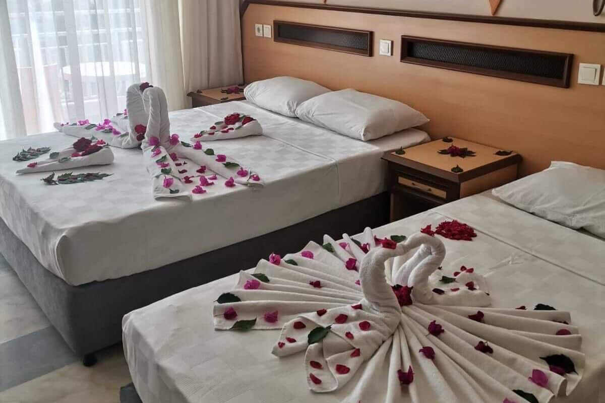 Une chambre d’hôtel avec deux lits, chacun décoré d’un cygne en serviette et de pétales de rose.