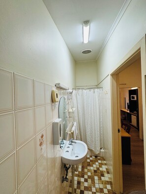 Shower, rainfall showerhead, designer toiletries, hair dryer