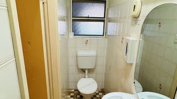 Shower, rainfall showerhead, designer toiletries, hair dryer