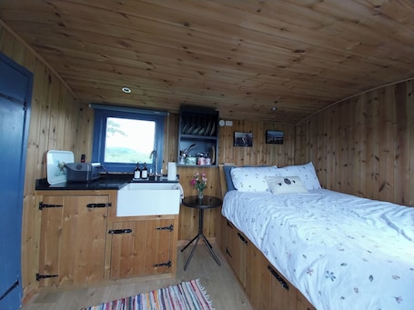 1 bedroom, blackout curtains, bed sheets. The Shearer's Hut, Sleeps 2, Wood Burner, Fire Pit