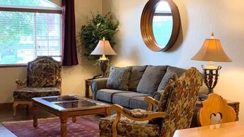 Flat-screen TV, fireplace