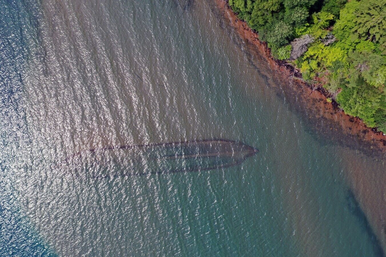 An aerial view of a coastal area with a shipwreck near the shore.