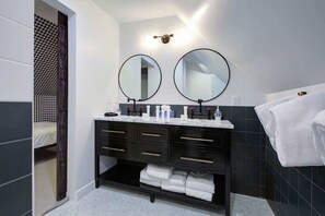 Shower, hair dryer, shampoo