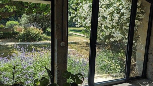 Una habitación con un amplio ventanal que ofrece vistas a un jardín con árboles de flores blancas y plantas de lavanda.