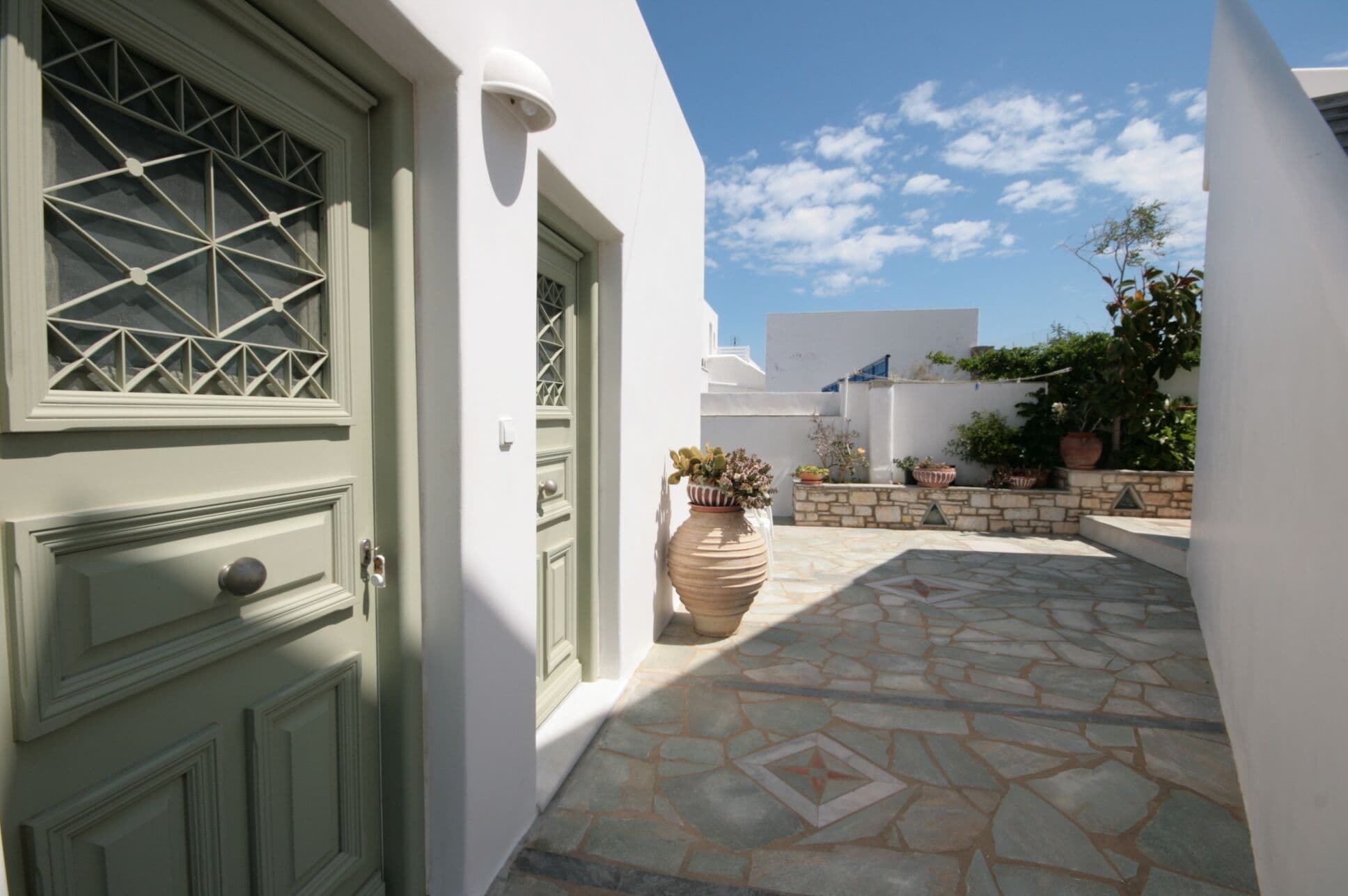 A narrow stone-paved courtyard with a green door and a large potted plant.