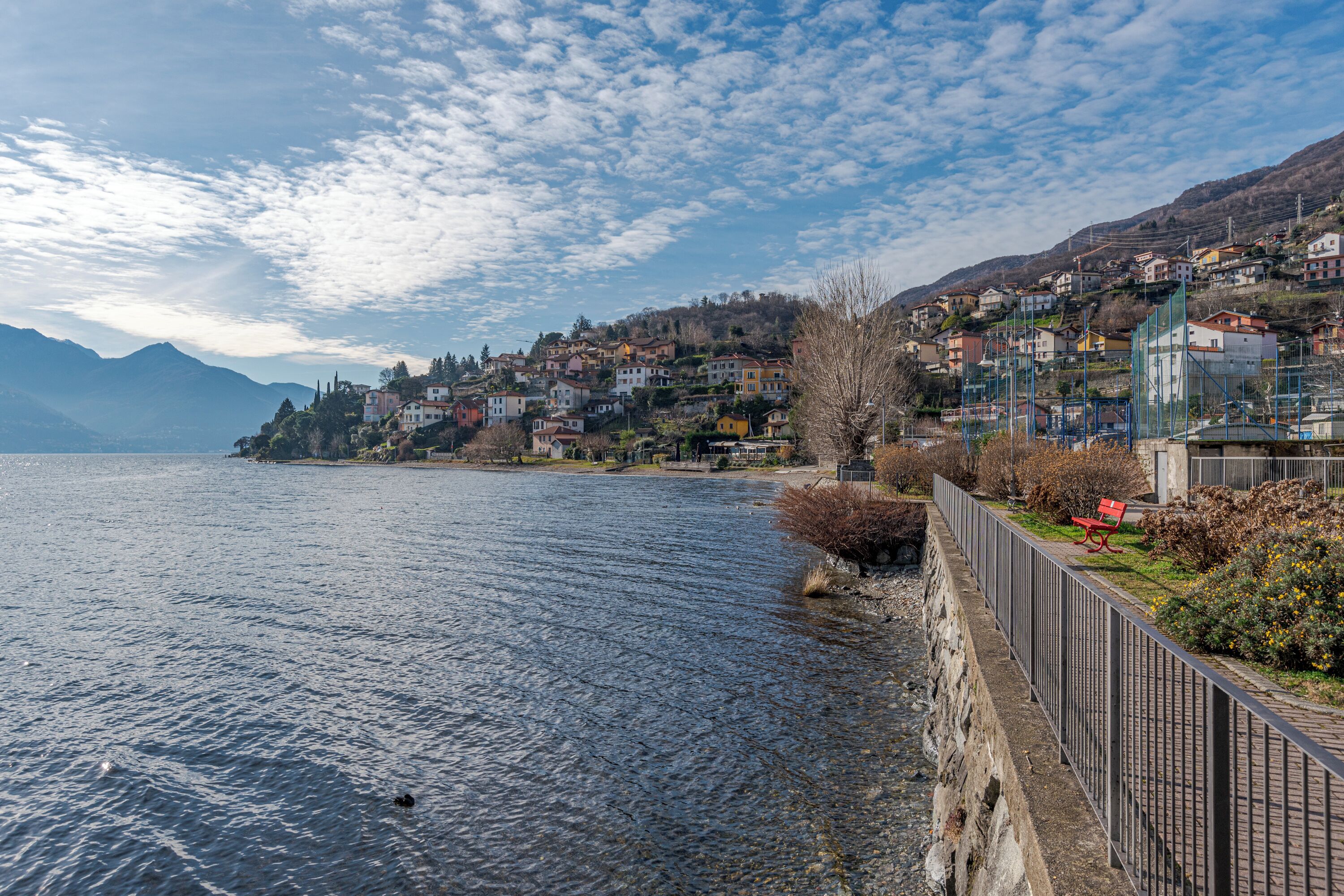 A lakeside view with a stone wall and a metal railing along the shore.
