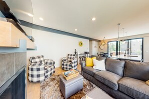 TV, fireplace, books