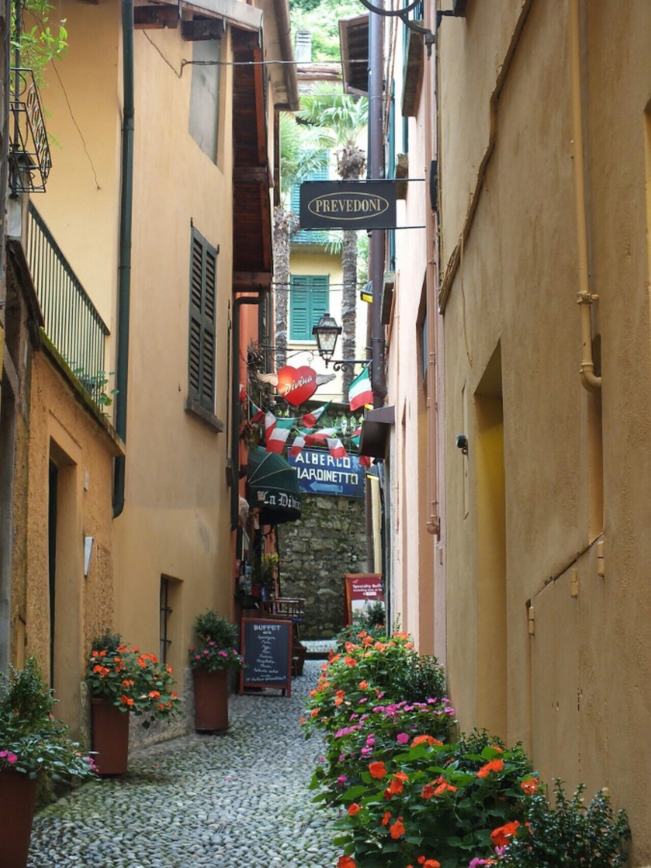 Une rue étroite, pavée de pierres, bordée de plantes en pot et dotée d’espaces extérieurs aménagés pour les cafés.