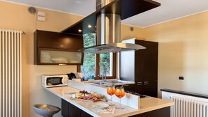 Een moderne keuken met een centraal eiland, roestvrijstalen apparatuur en een raam met uitzicht op groen.
